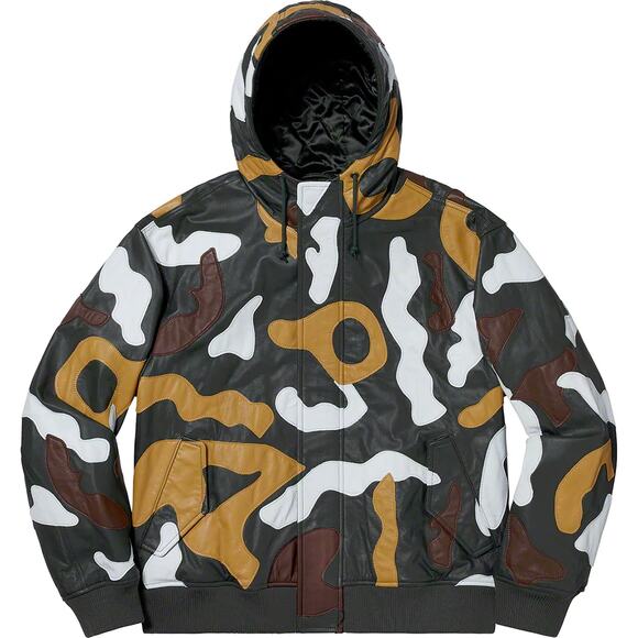 NWT Supreme Camo Leather Hoodie Jacket Fill Zip Quilted Lined Multicolor Mens M